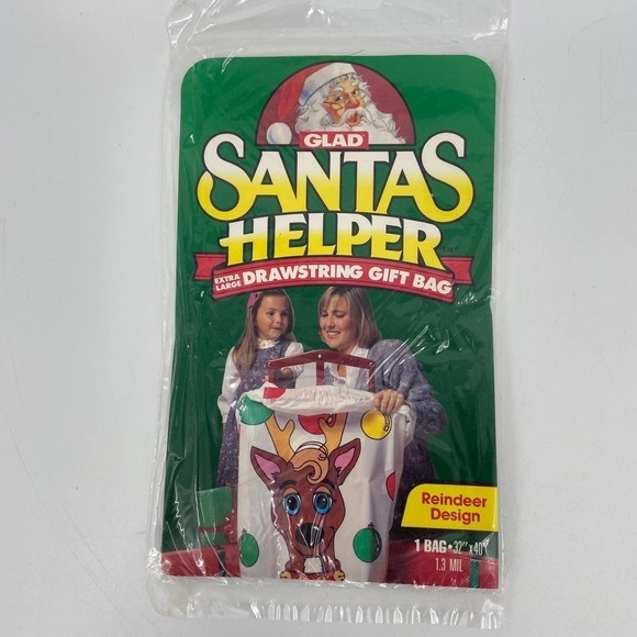 VINTAGE Lot of 4 Glad Santa's Helper XL Drawstring Gift Bag Reindeer 32" x 40" - Picture 3 of 9
